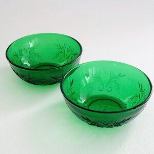 Retro Anchor Hocking Sandwich Glass Berry Bowl Set of 2, Forest Green, c1940s-60